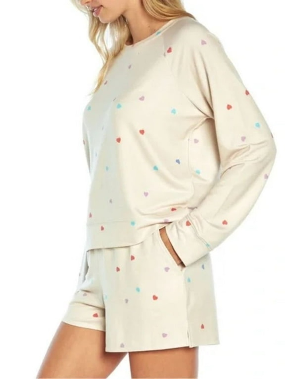 NWT Wildfox Cream Sweatshirt & Shorts Set with Multicolor Heart Print - Picture 3 of 7